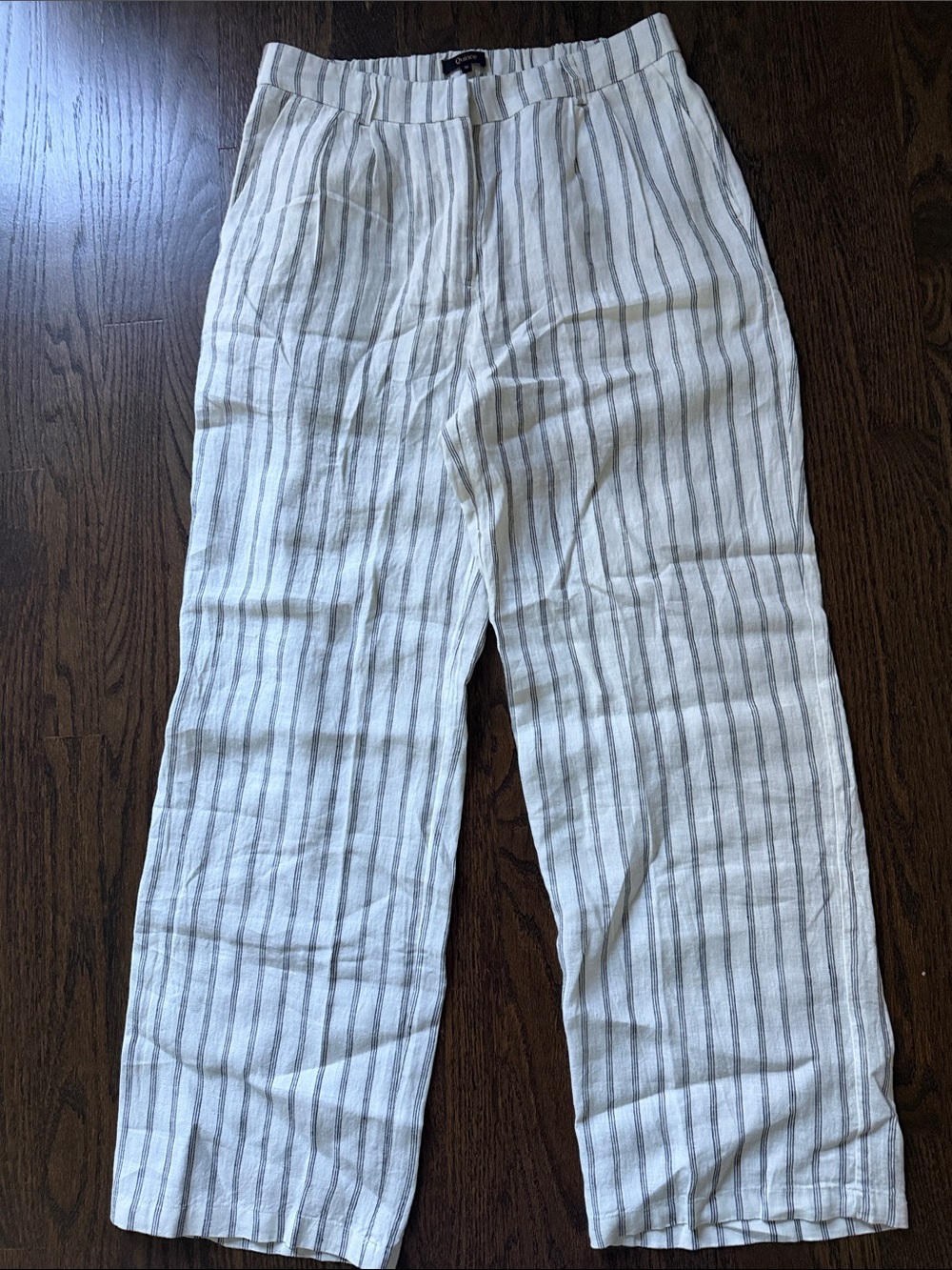 Quince Cream Pants with Gray Vertical Stripes